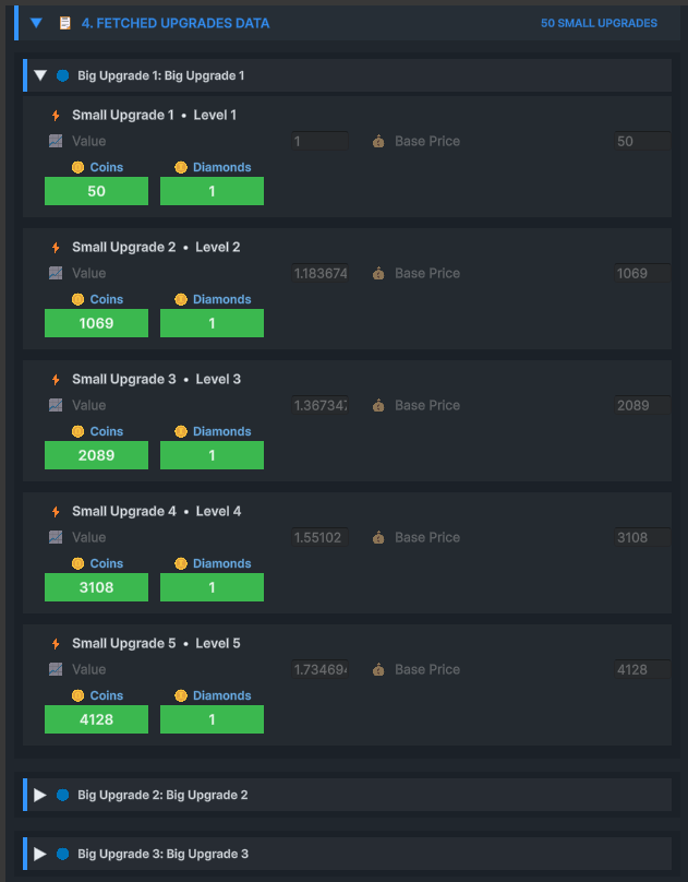 Economy Fetched Upgrades Data section