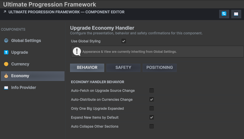 UPFS Economy Settings section