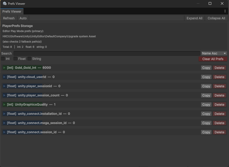 UPFS PlayerPrefs Viewer window