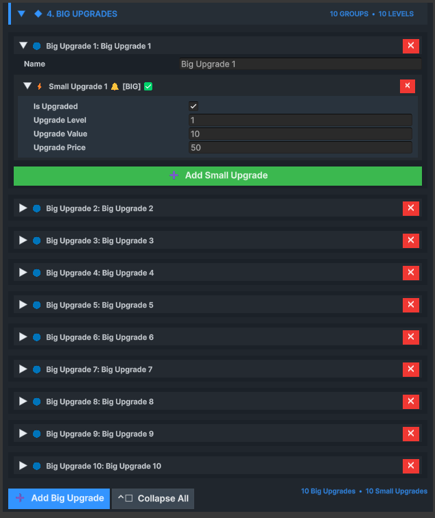 Big Upgrades list section